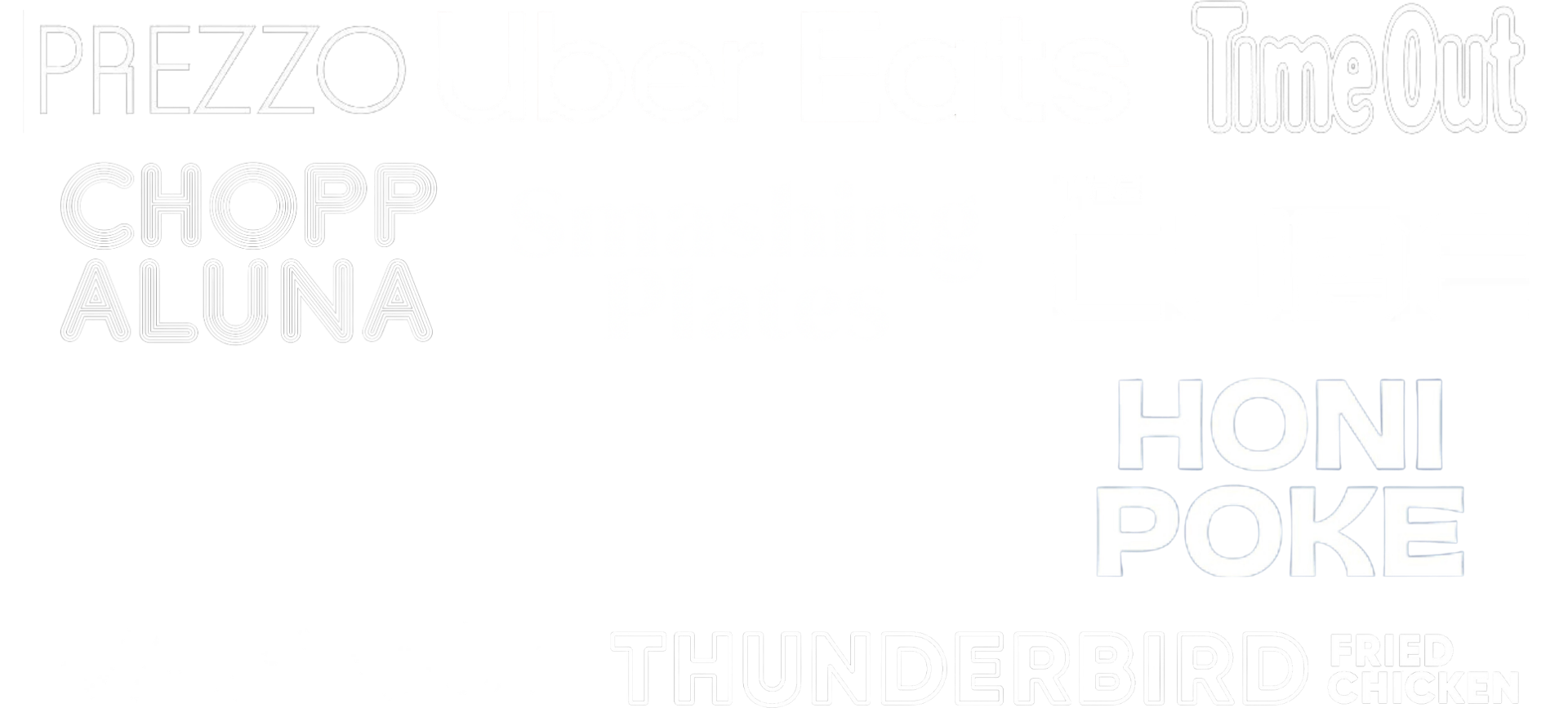Client logos including Time Out, Prezzo, Honi Poke, Thunderbird, Chopp Aluna, Joli, Salt, The Vault, Chayote, Chefees, and Frankster's