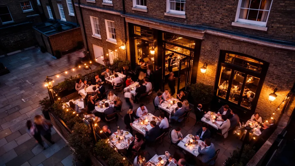 London restaurant terrace at dusk
